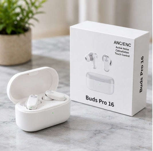 Buds Pro 16 TWS Wireless Bluetooth Earbuds ANC ENC Noise Cancelling Earphones Hi-Fi Stereo Audio Deep Bass Touch Control HD Clear Calling Long Battery Backup Fast Pairing