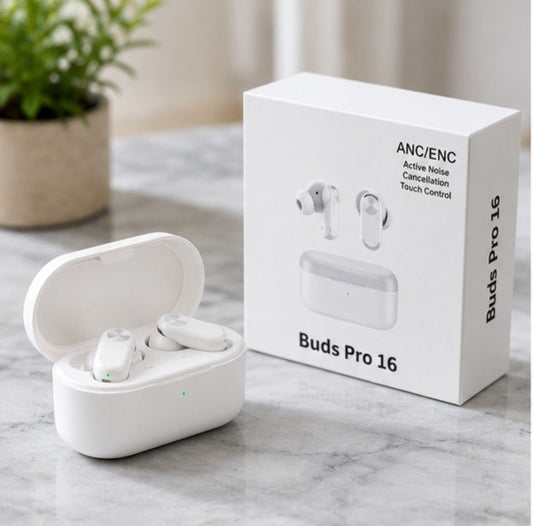 Buds Pro 16 TWS Wireless Bluetooth Earbuds ANC ENC Noise Cancelling Earphones Hi-Fi Stereo Audio Deep Bass Touch Control HD Clear Calling Long Battery Backup Fast Pairing